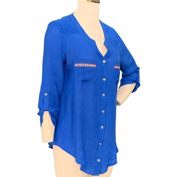 I.N. Studio Button Front Top Roll Tab Sleeve Sz M Blue #106B - Picture 3 of 8